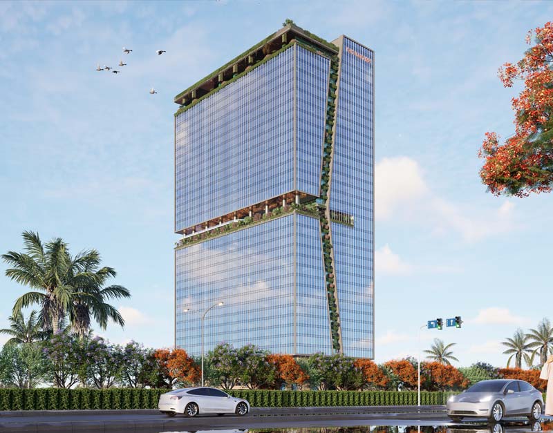 “Modern glass office skyscraper with vertical green terraces and sustainable design, surrounded by palm trees and landscaped urban street.”